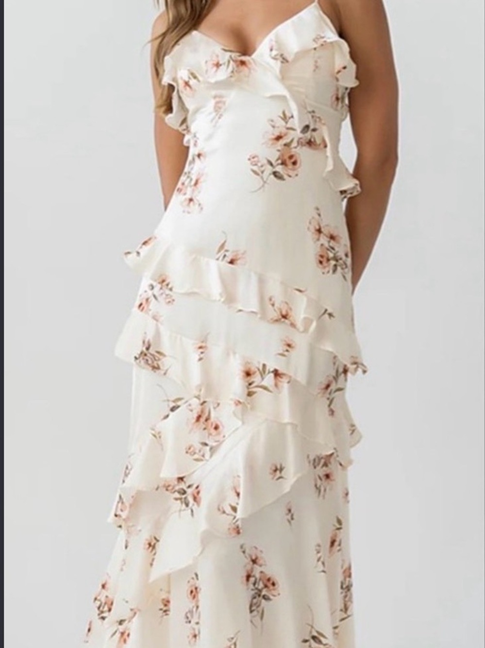 Blu Pepper Cream Maxi Dress with Tan Floral Ruffle Detail